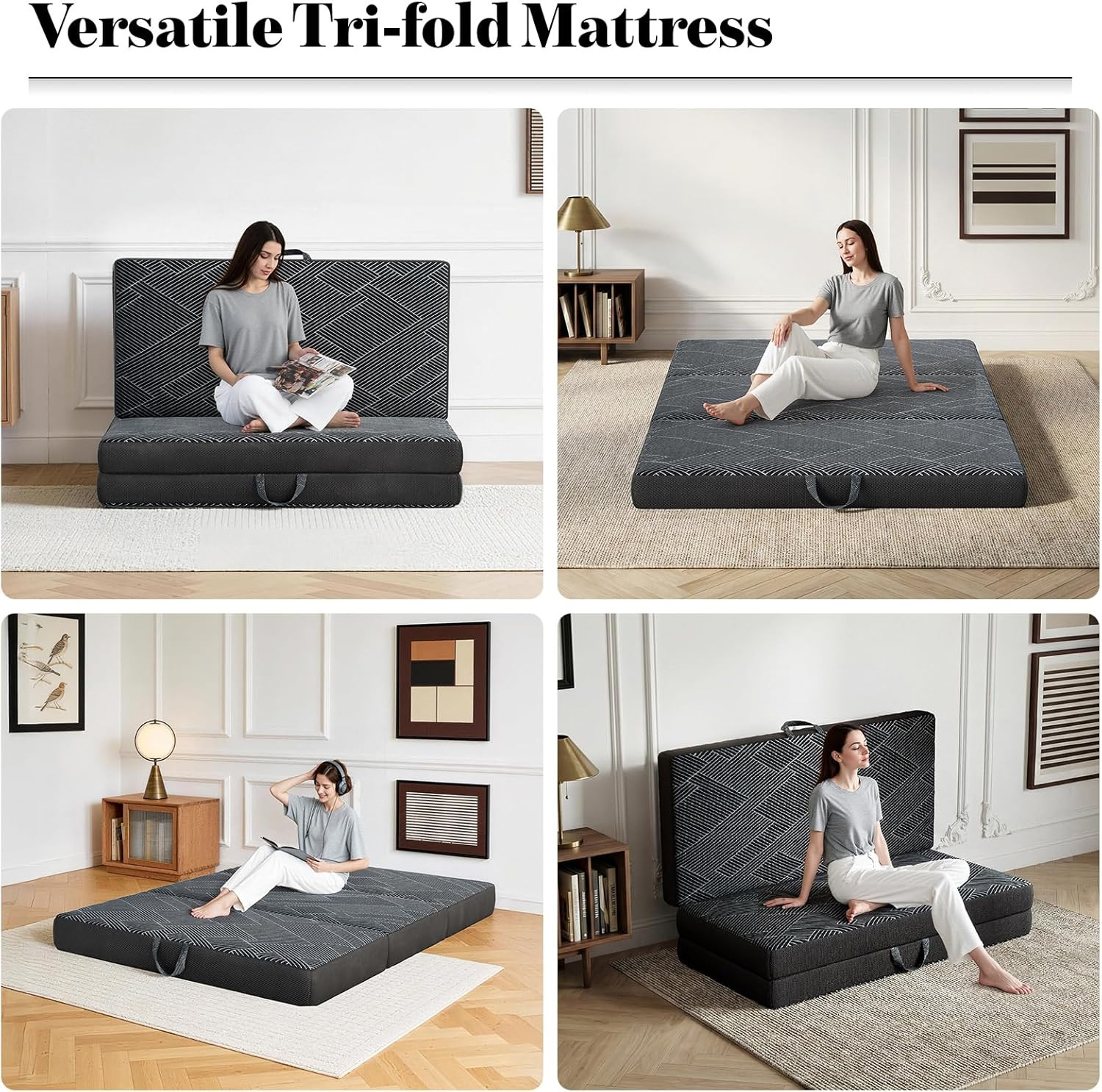 Portable Tri-Fold Memory Foam Mattress – Full Size, Washable Cover, Non-Slip