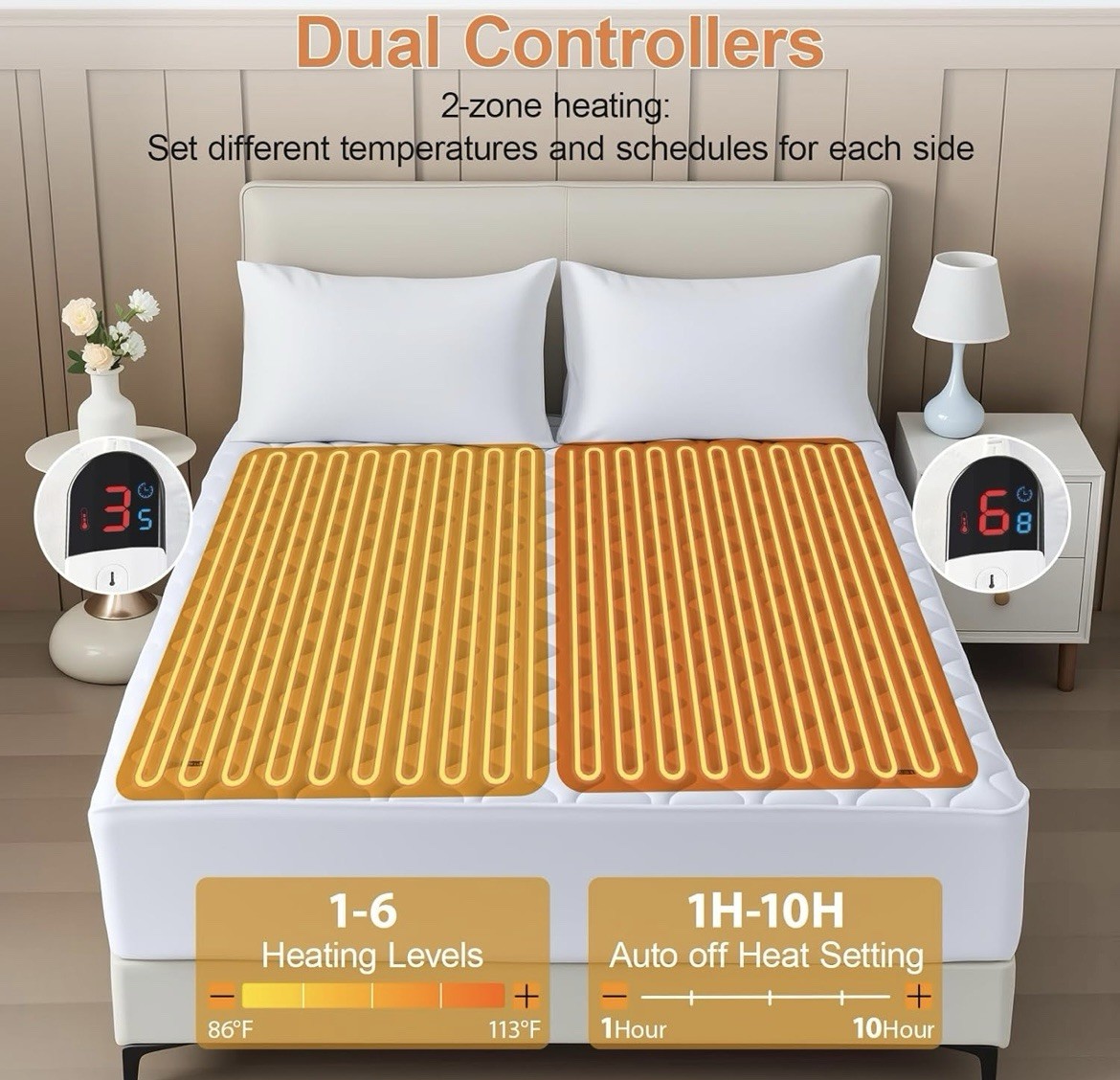 King Heated Mattress Pad Dual Control 6 Heat Bed Warmer Deep Pocket 21”