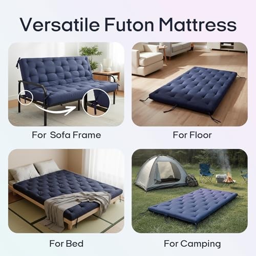 Water Resistant Japanese Futon Mattress, Queen(80″L x 60″W x 2.5″Th) Navy Blue