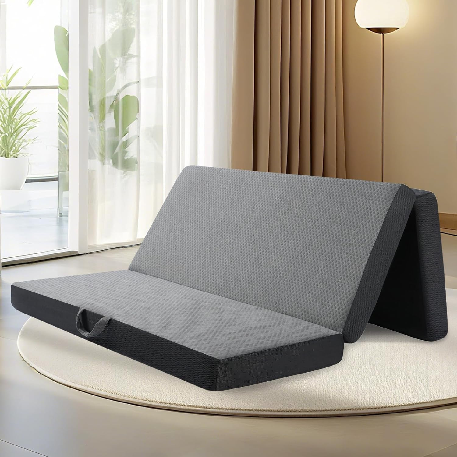 Tri Folding Mattress Queen Size – Memory Foam Tri-Fold Handle & Non-Slip Bottom,