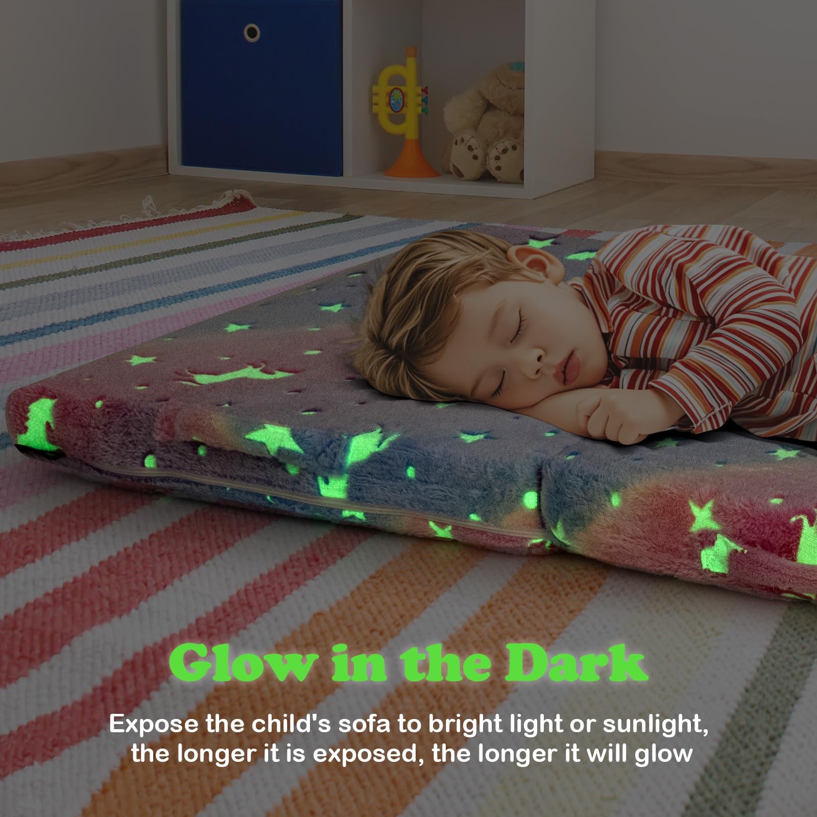 Foldable Floor Mattress for , Glow in Dark Tri-Folding Nap Mat for Sleeping D…