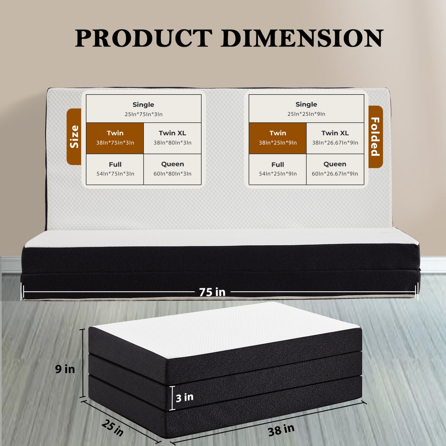 3″ Tri-fold Memory Foam Mattress w/ Washable Cover, Foldable&Portable Floor Bed