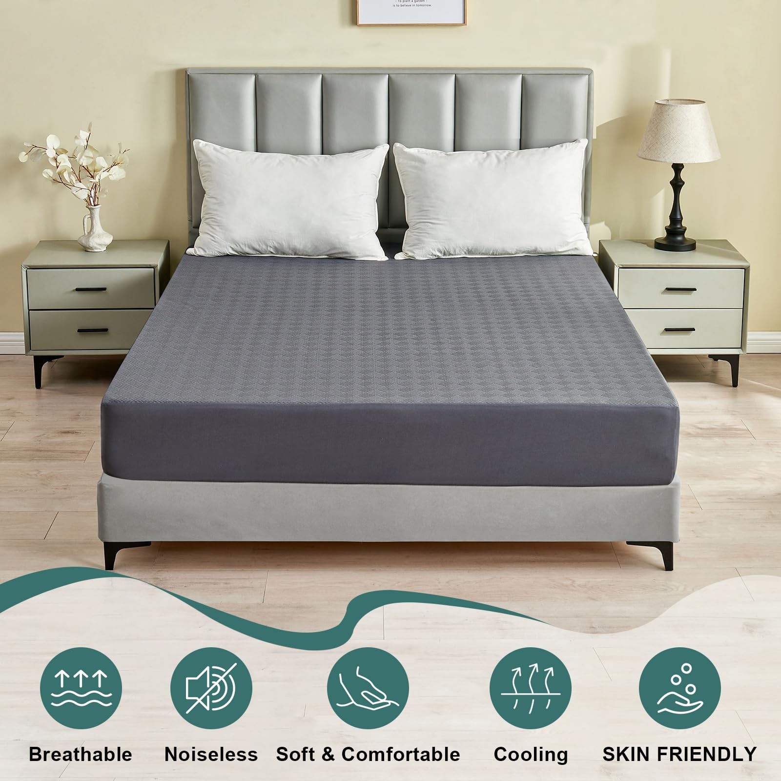 Inooro Queen Size Waterproof Mattress Protector, Breathable Bed Queen, Gray
