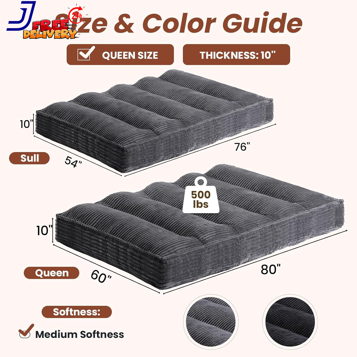 10″ Futon Mattress Queen Size Futons Sofa Couch Bed with Straps Thick Corduroy