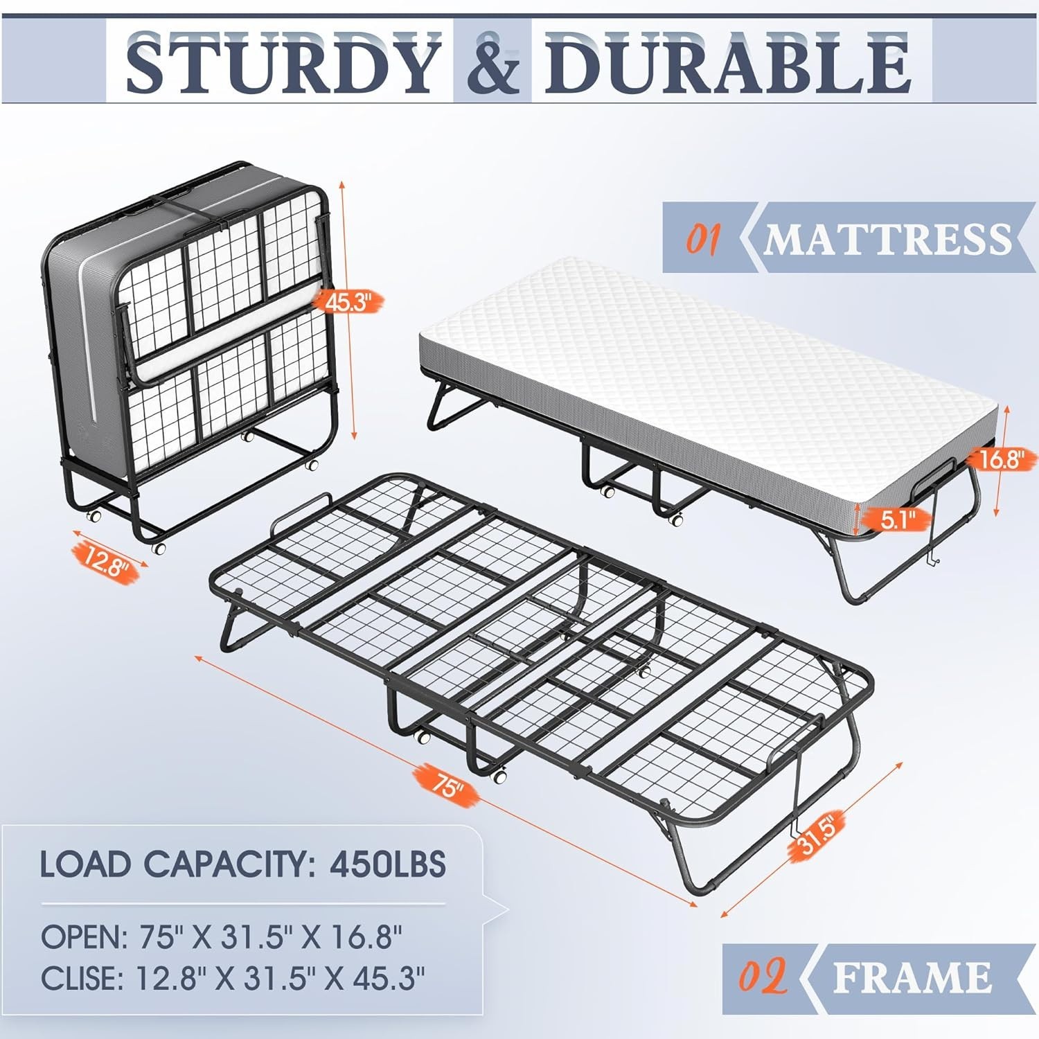 75″x31″ Folding Cot Bed, Metal Frame on Wheels, Roll Away, Space Saving