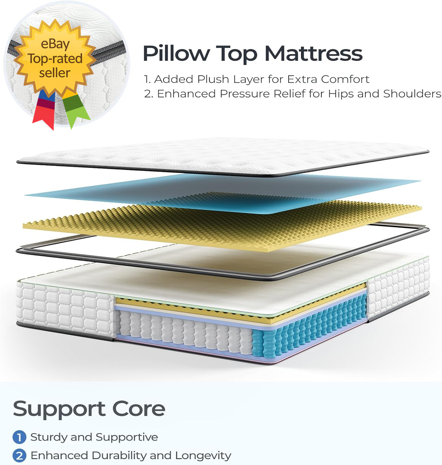 Twin Mattress 10 Inch Hybrid Twin Size Mattress in a Box Single Bed Pillow Top M