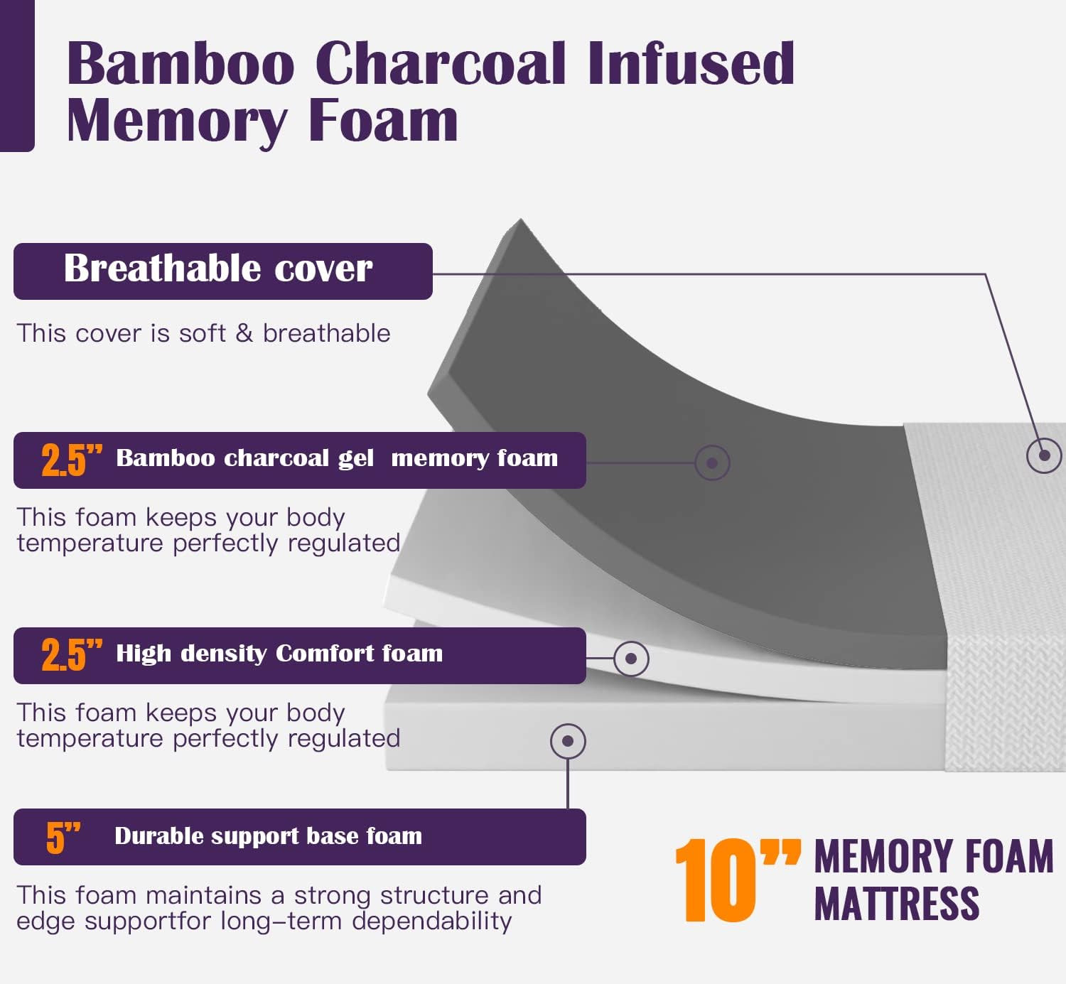 10″ Bamboo Charcoal Gel Memory Foam King Mattress with Removable Cover