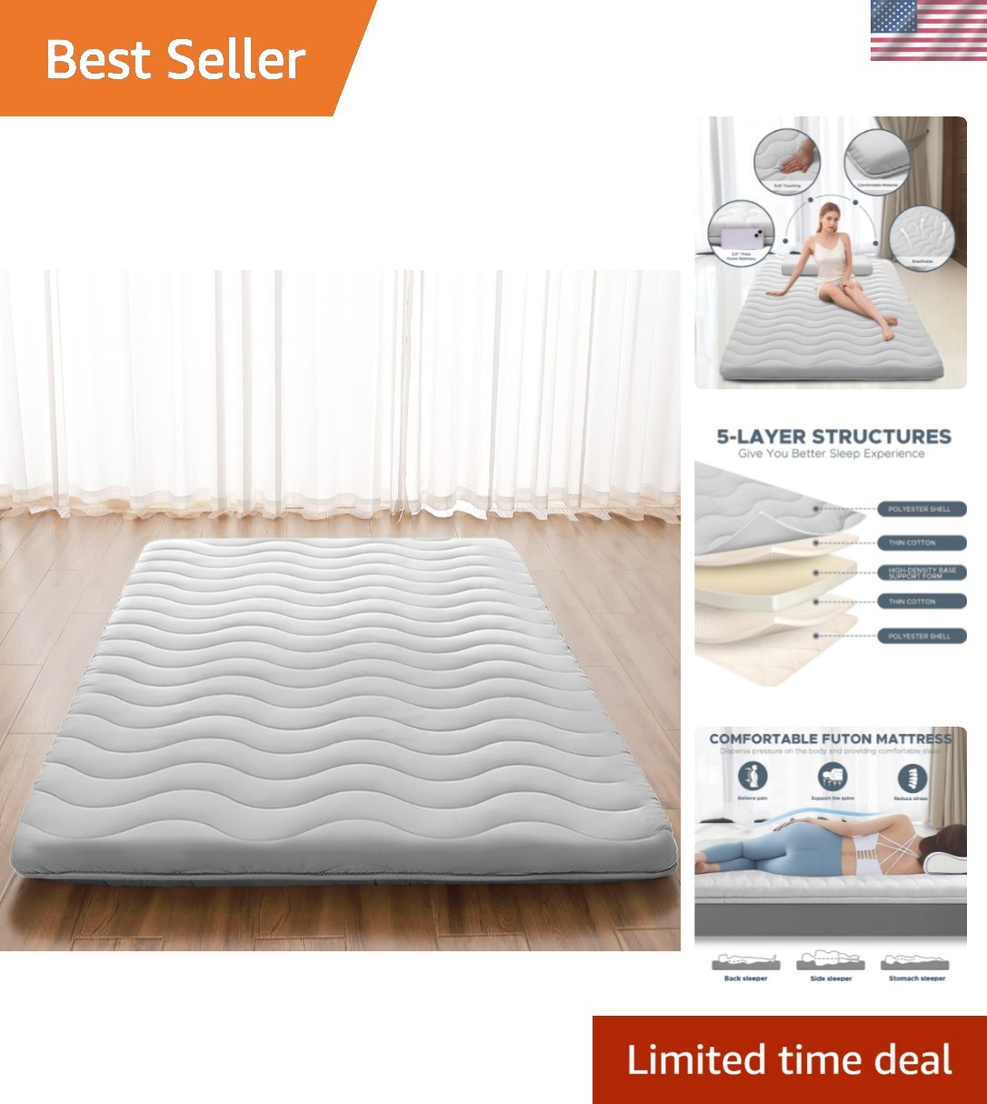Japanese Futon Floor Mattress, 100% High Density Comfortable Foam, 3.5″ Thick…