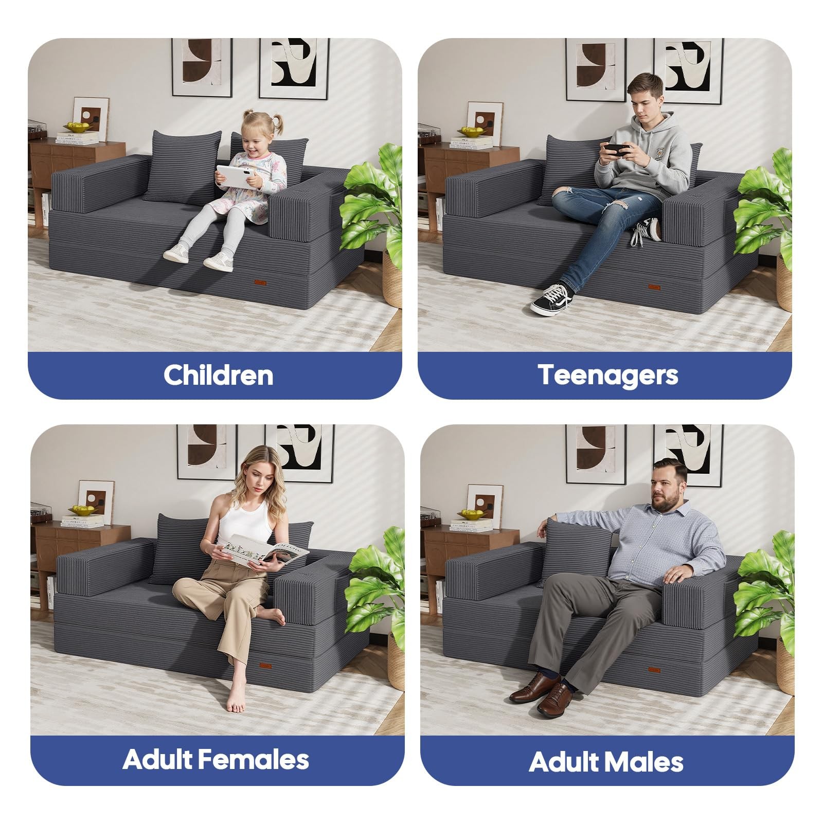 COMAX Futon Sofa Bed, 4‑in‑1 Convertible L-Shaped Loveseat, Grey