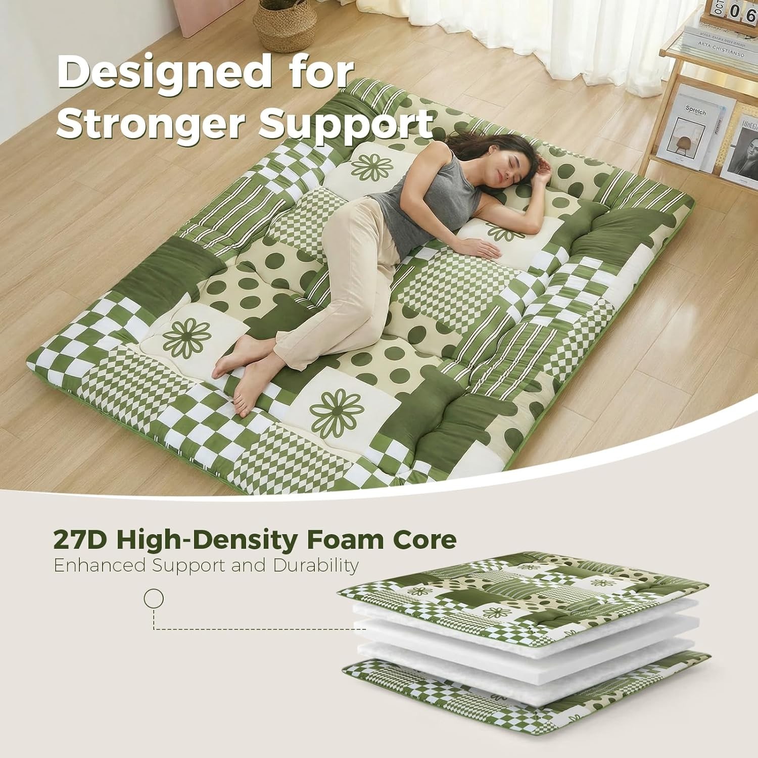 Foldable Japanese Floor Mattress Full 80″x54″ 2.5″ 3-Layer Foam Anti-Slip Cover