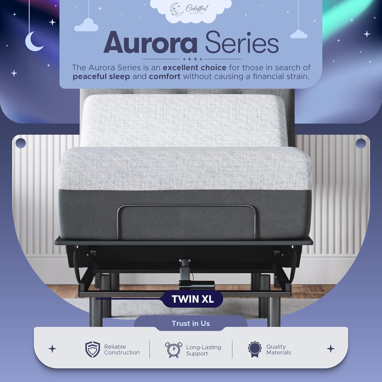 Celestial Aurora Twin XL Adjustable Bed & 8″ Gel Memory Foam Mattress Set