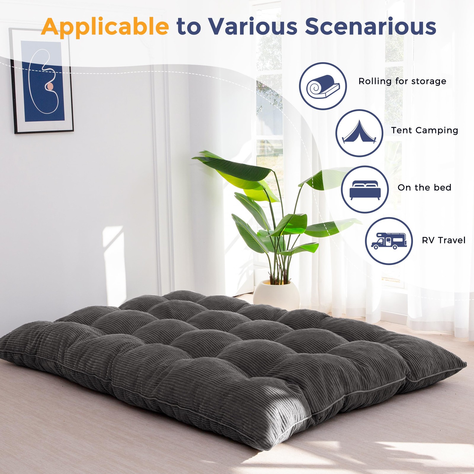6″ Japanese Floor Mattress, Foldable Futon Mattress Queen Size, Tufted Roll U…