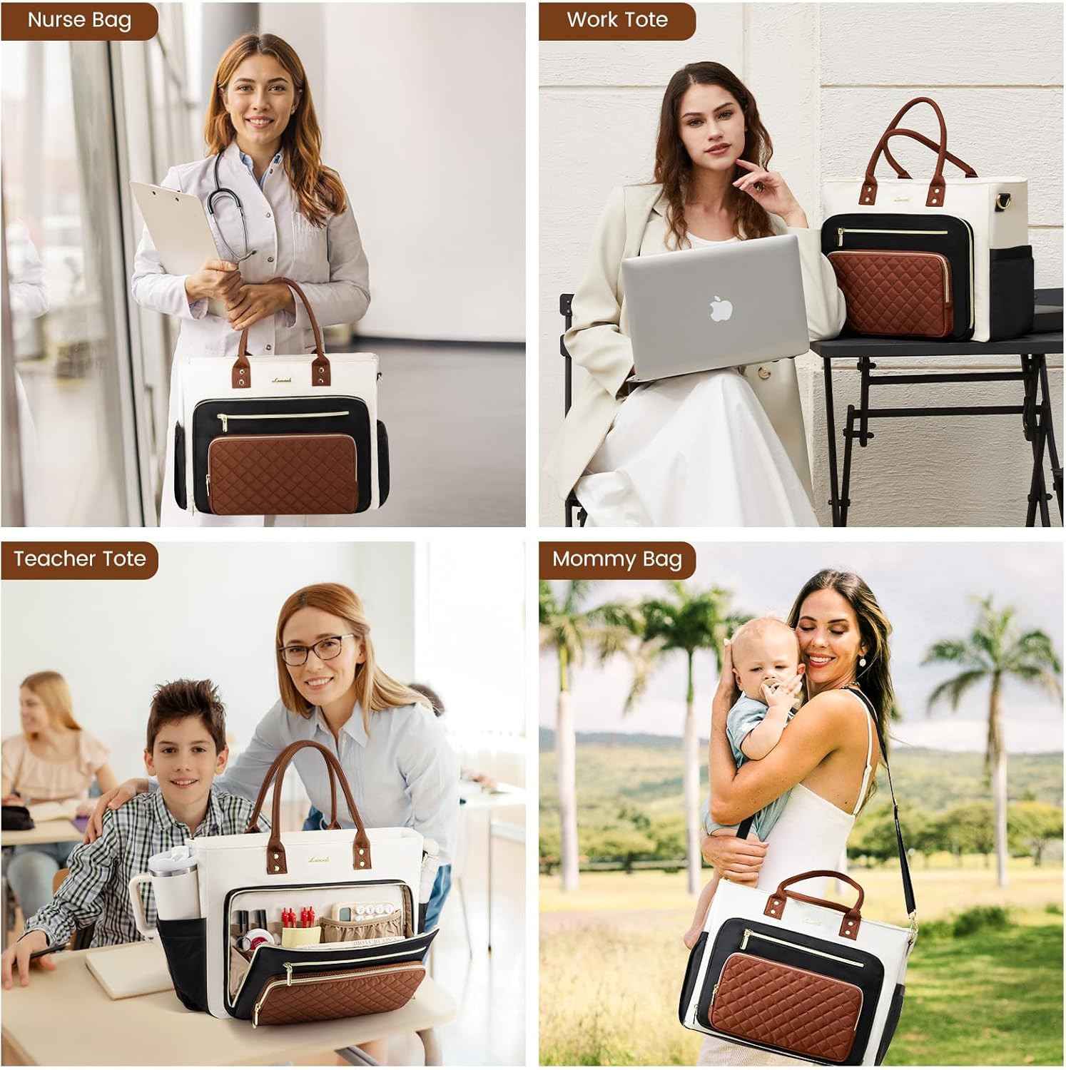 Chic Teacher Tote Bag – 17″ Laptop Briefcase in Black, Beige & Brown