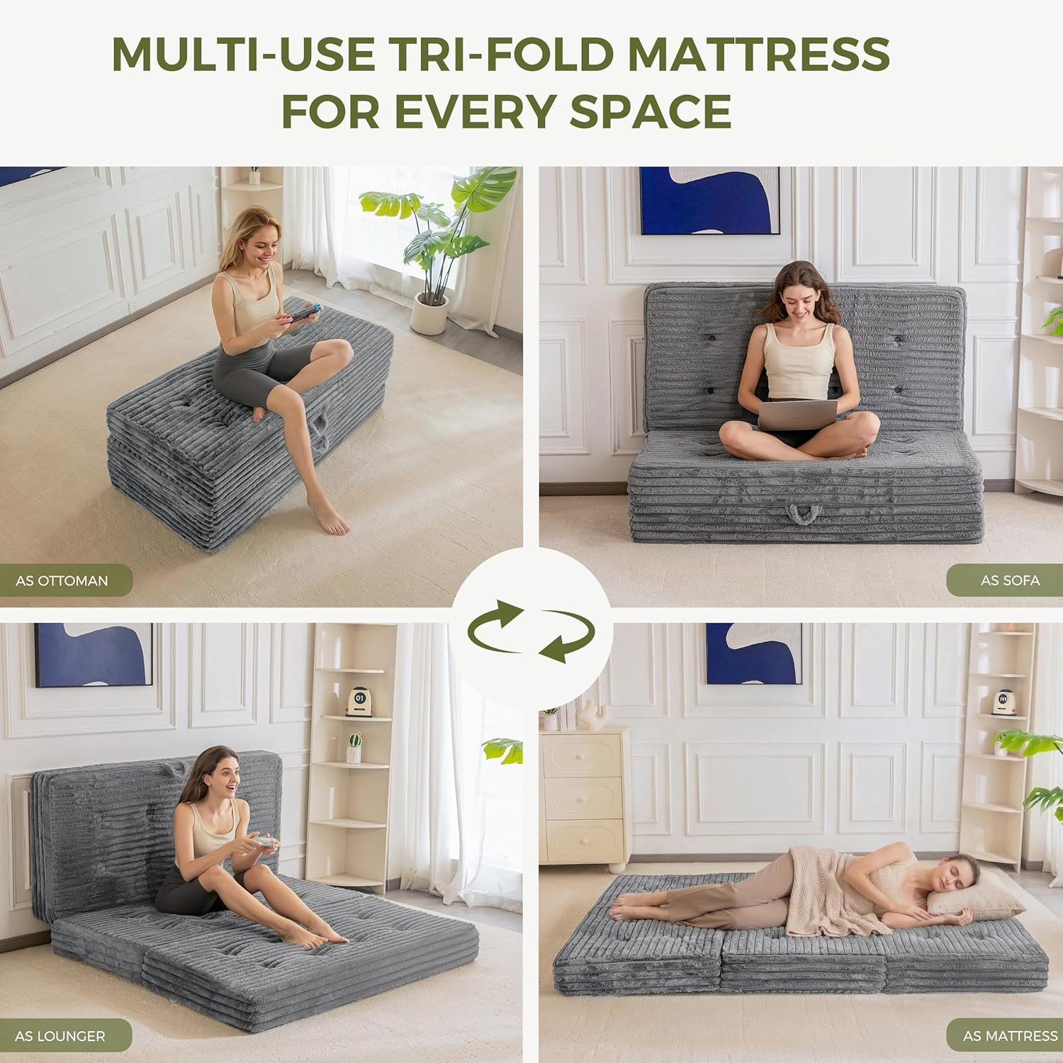 Tri-Fold Folding Mattress with Handles, 6-Inch Portable Sofa Bed, Grey