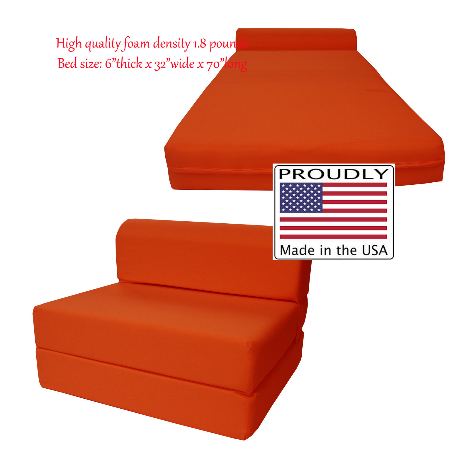 Orange 6x32x70 Sleeper Chair Folding Foam Bed, Foam Density 1.8 lbs Sofa Beds