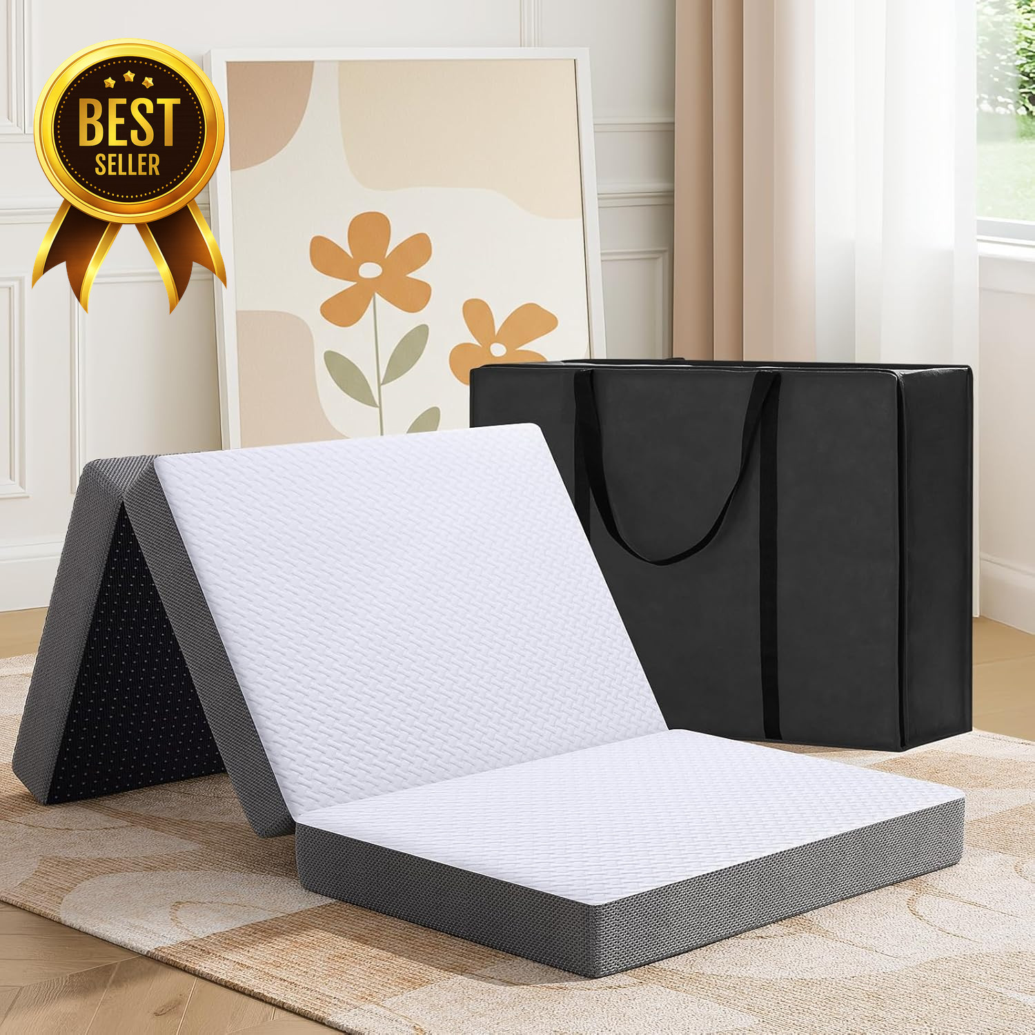 4-Inch Tri-Fold Memory Foam Mattress Foldable Floor Bed w Washable Cover Single