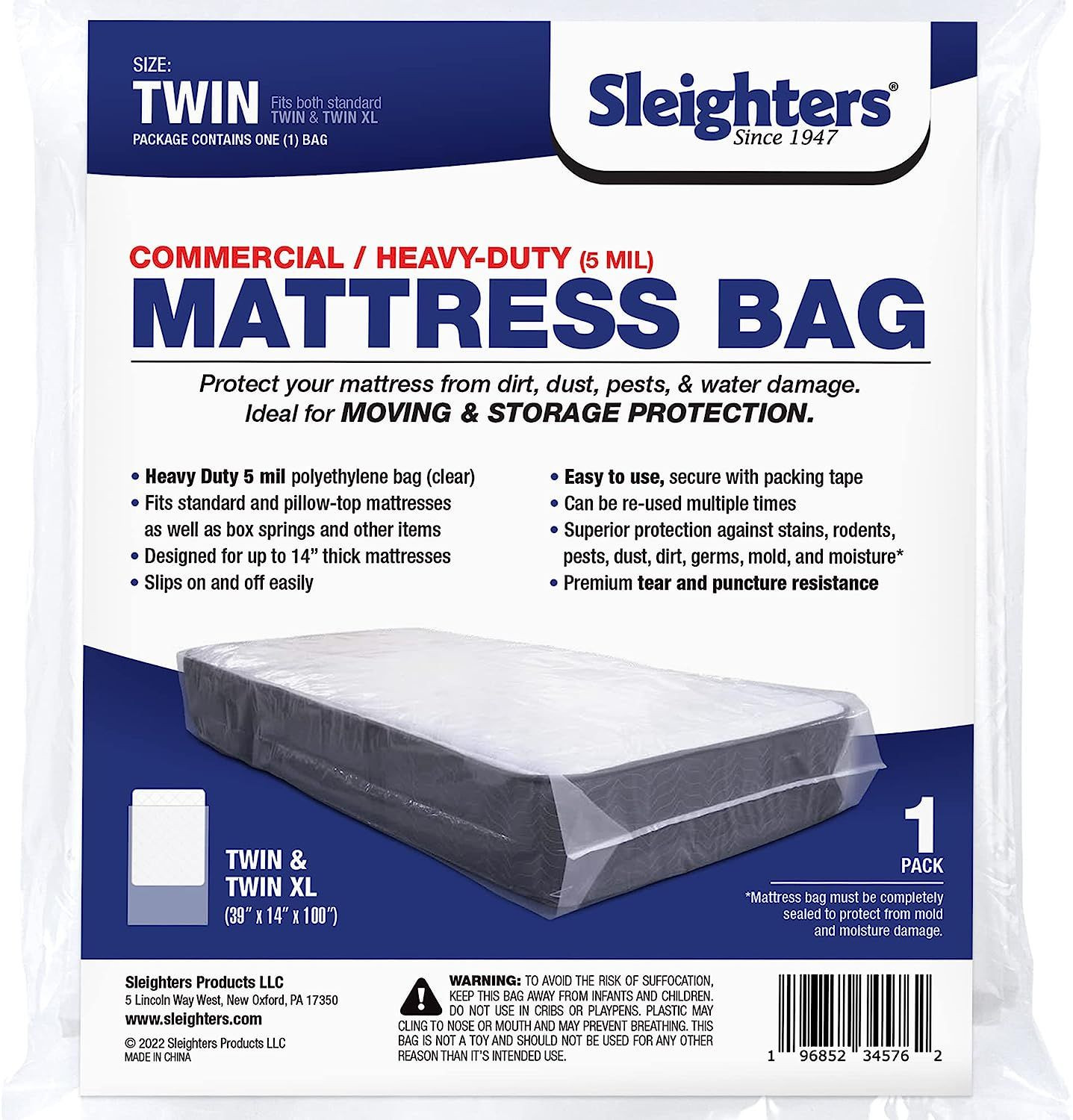 Sleighters Mattress Bags for Moving & Storage – Reusable Twin/Twin XL, Clear