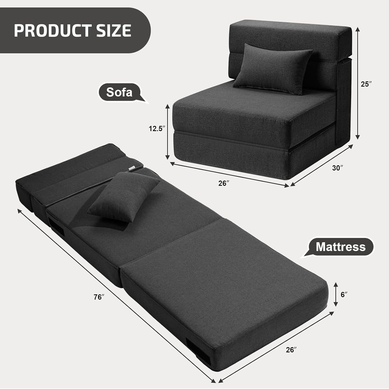 Folding Sofa Bed with Pillow- Convertible Chair Floor Couch Single, Dark Grey