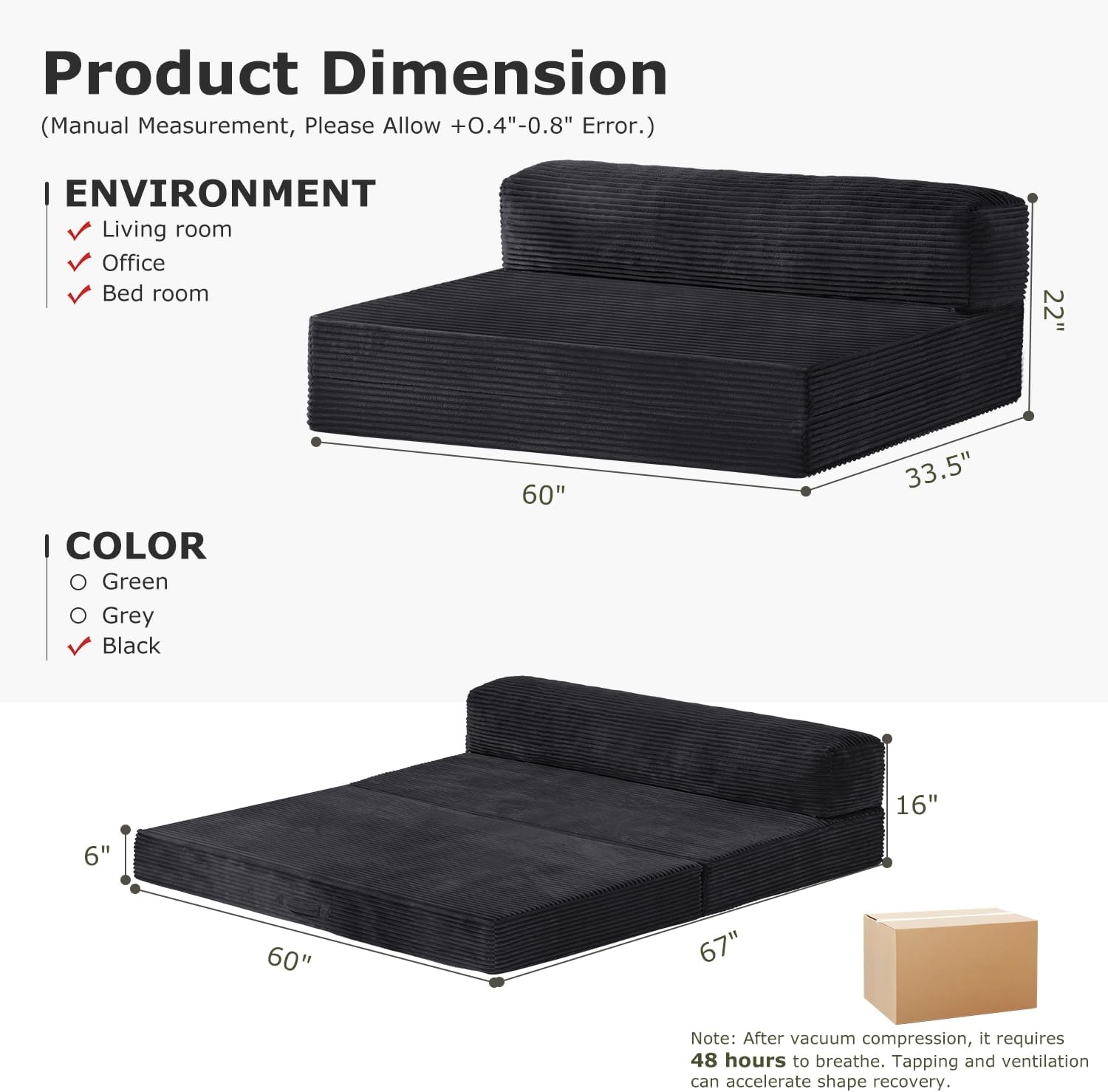 6-inch Convertible Sofa Bed, Foldable Floor Bed Sleeping Couch with