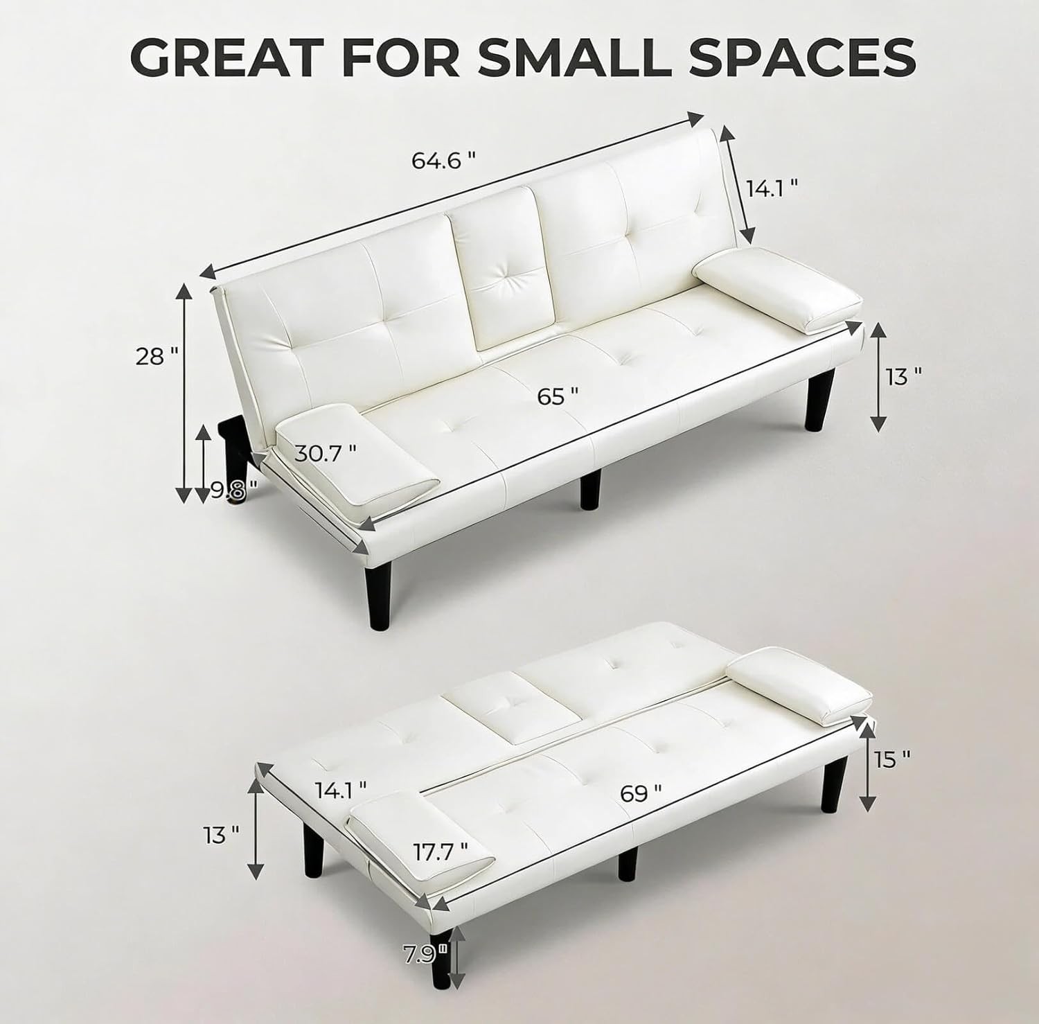 67″ Futon Sofa Bed with Cup Holders, Convertible 3 in 1