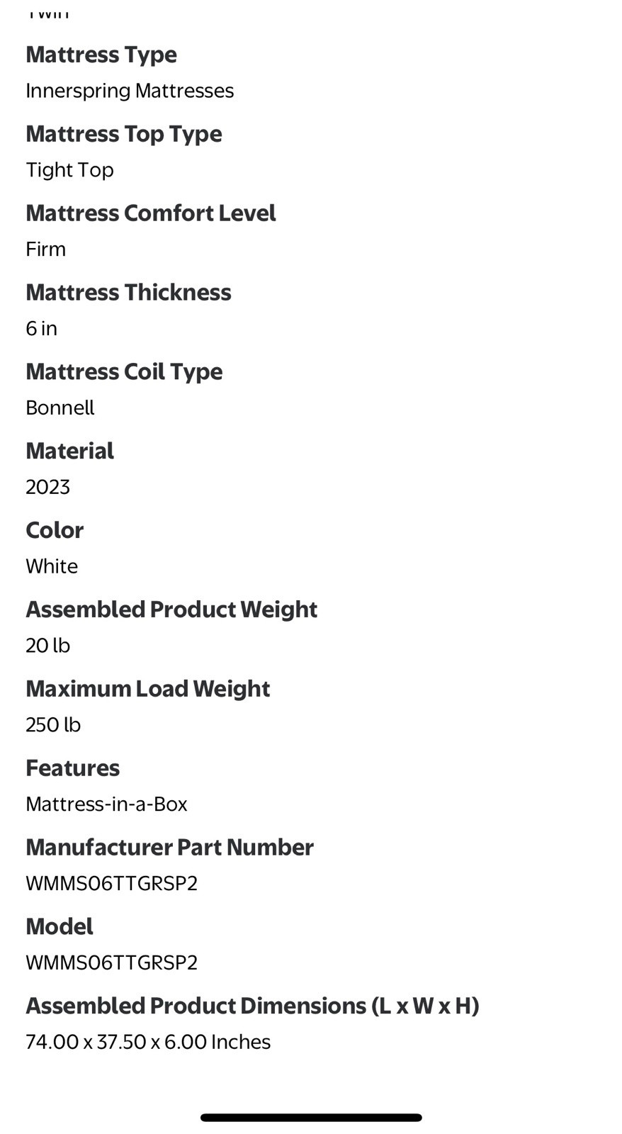 NEW Mainstays WMMS06TTGRSP2 6″ Innerspring Coil Mattress, Twin
