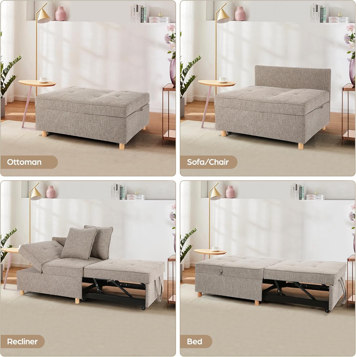 Sofa Bed Chair 4-in-1 Convertible Chair Bed, 3-Seat Linen Fabric