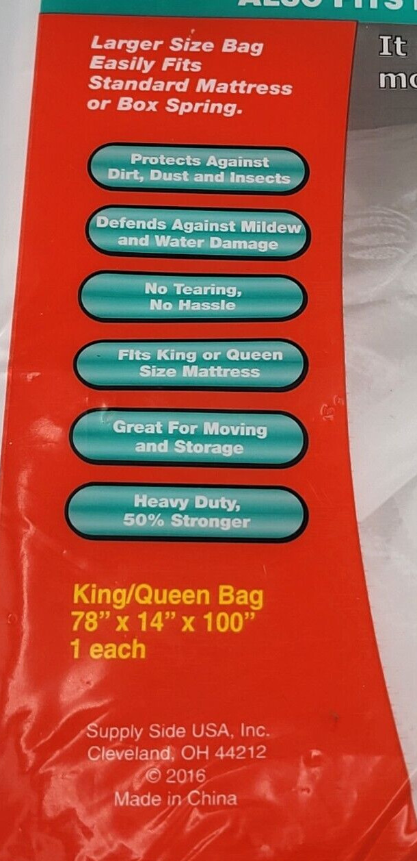 Packrite King/Queen Mattress Bag 78x14x100 Inches 1 Count Heavy Duty – Brand New