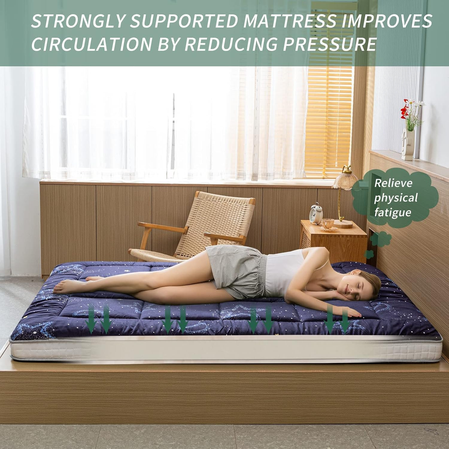 Black Moon and Star Futon Mattress, Japanese Floor Mattress Quilted Bed Mattress