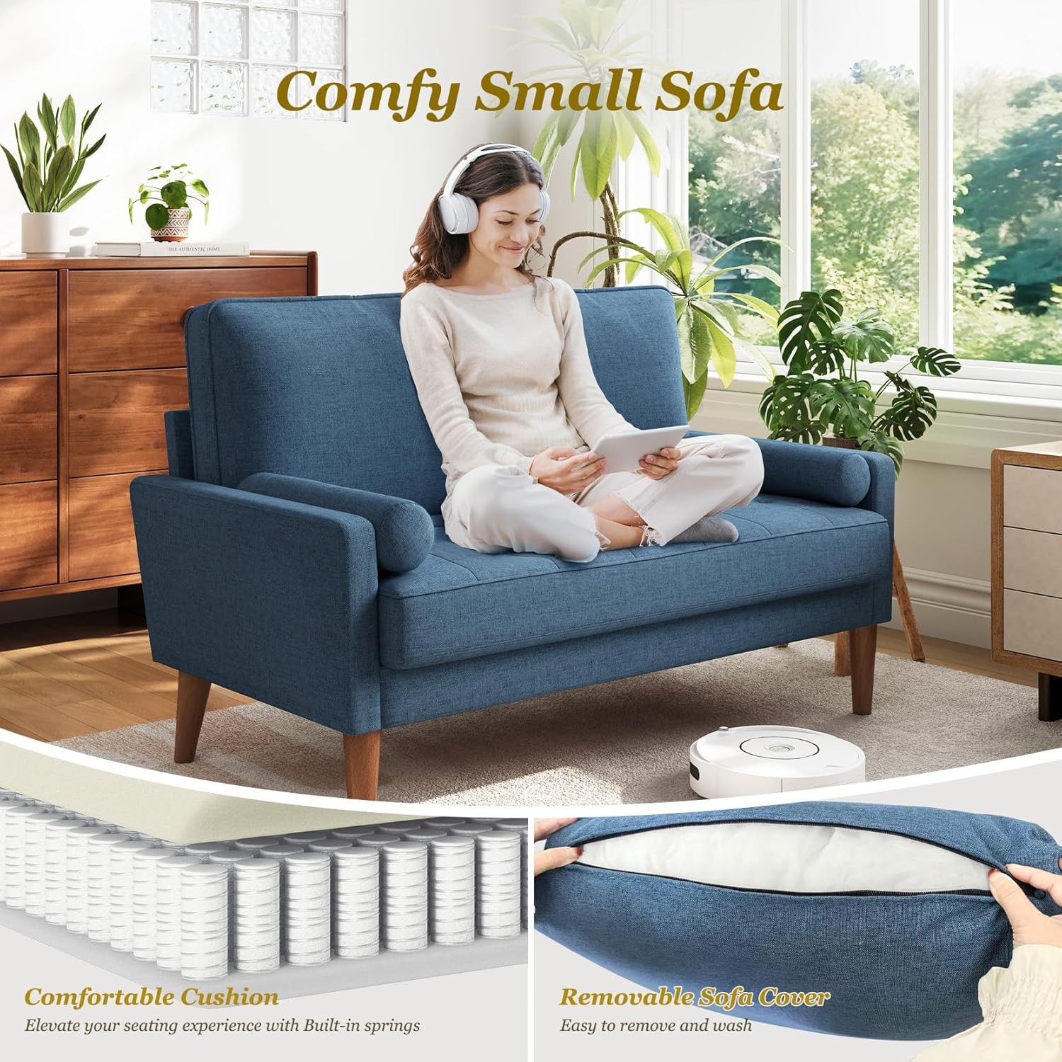 Loveseat Sofa with Solid Wood Legs, 48″ Small Couches for Small