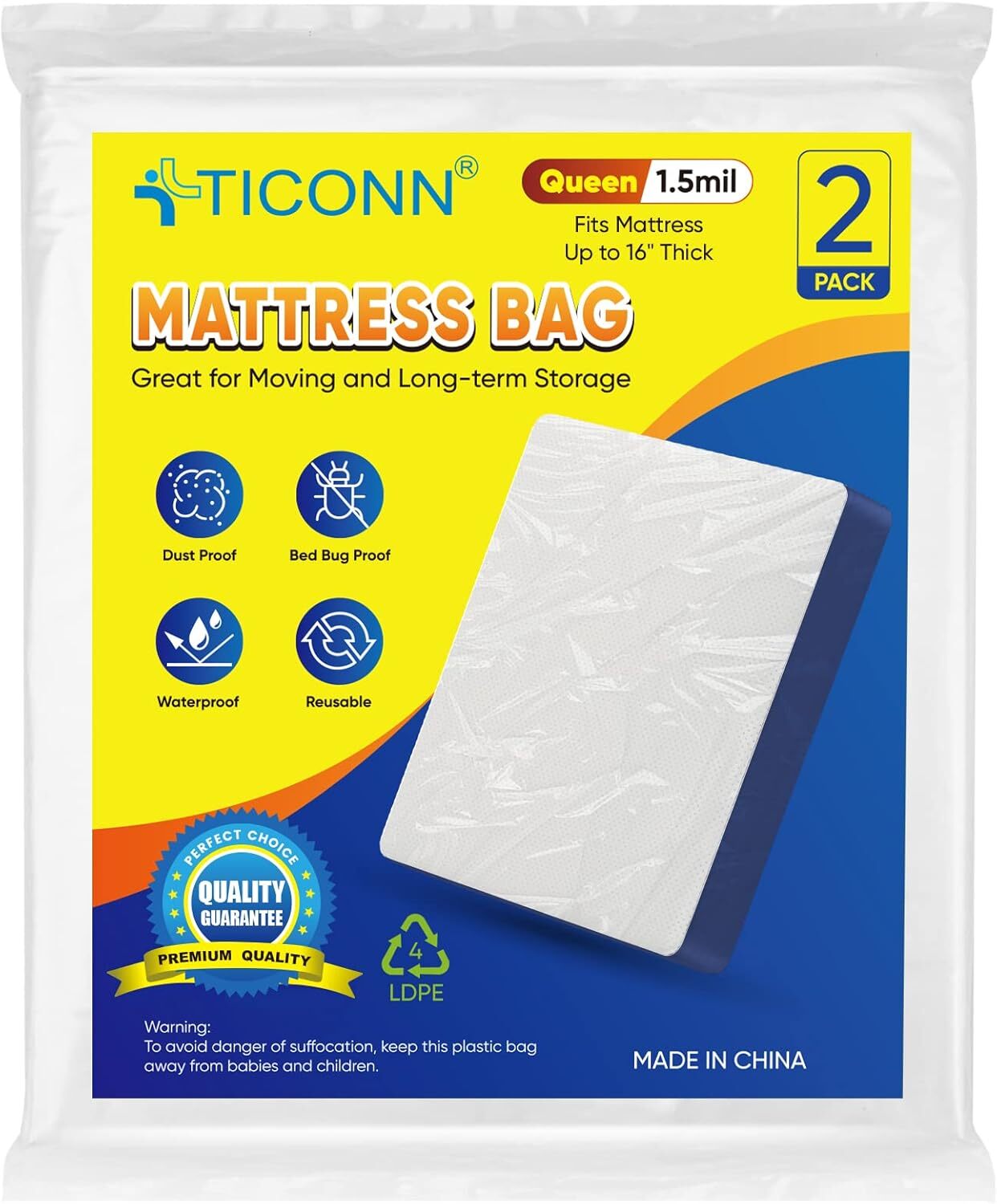 TICONN 2PK Plastic Mattress Bag for Moving Storage, Waterproof Queen, White