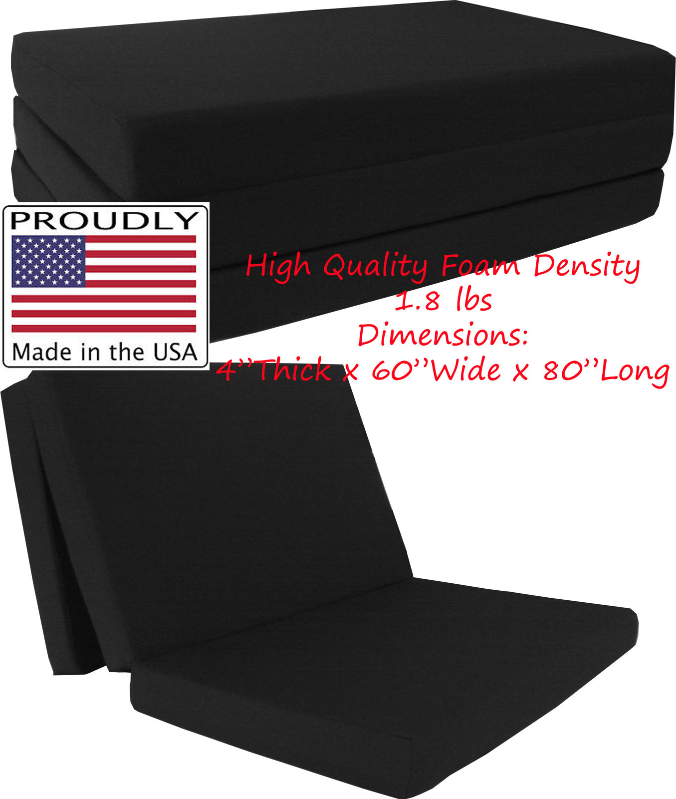 Queen Black 4 x 60 x 80 Shikibuton Trifold Foam Bed, High Foam Density 1.8 lbs