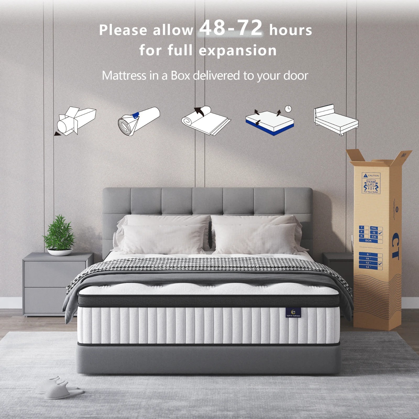 12 14 Inch Queen Hybrid Mattress Pocket Spring Cooling Gel Foam Medium Firm Grey