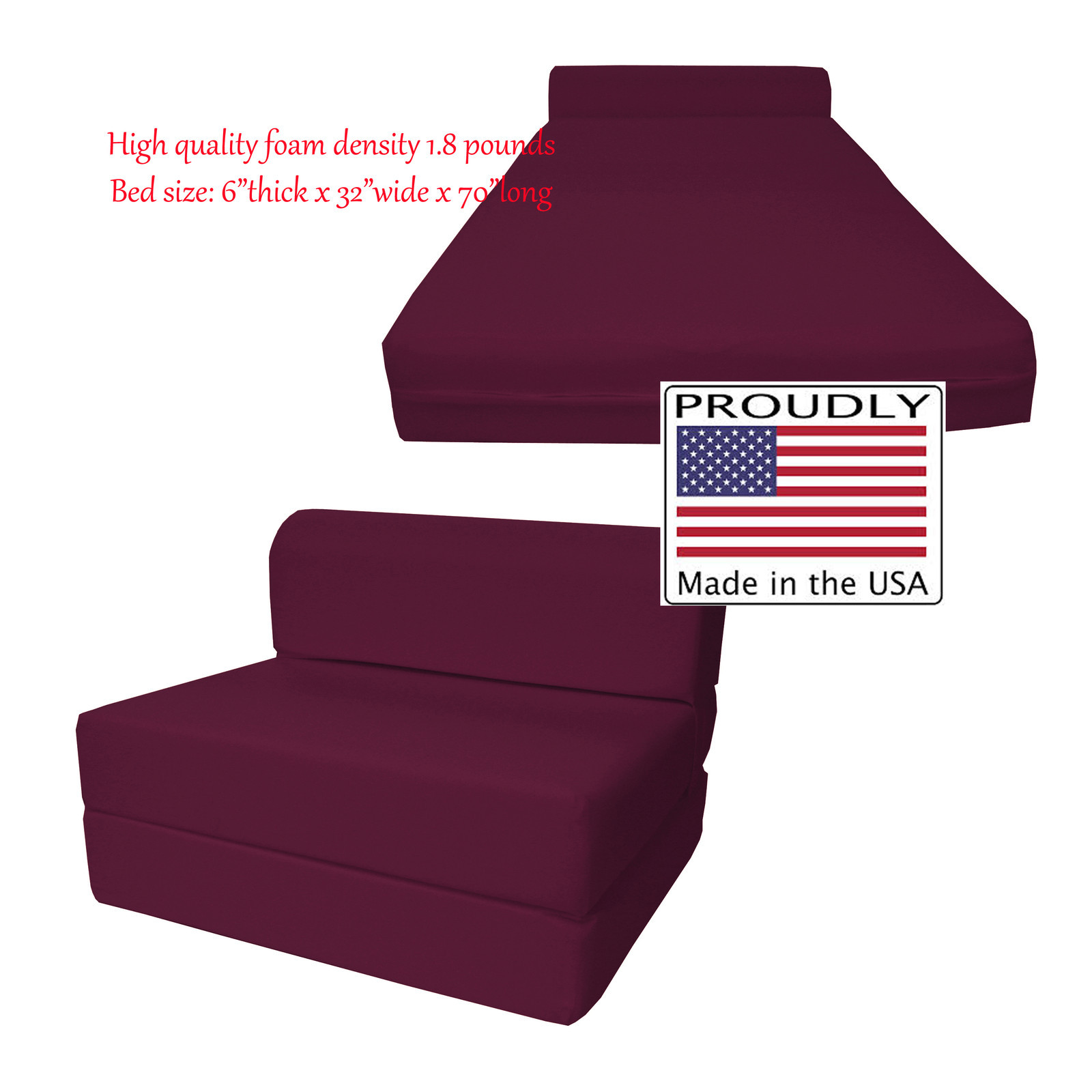 Burgundy 6x32x70 Sleeper Chair Folding Foam Bed, Foam Density 1.8 lbs Sofa Beds