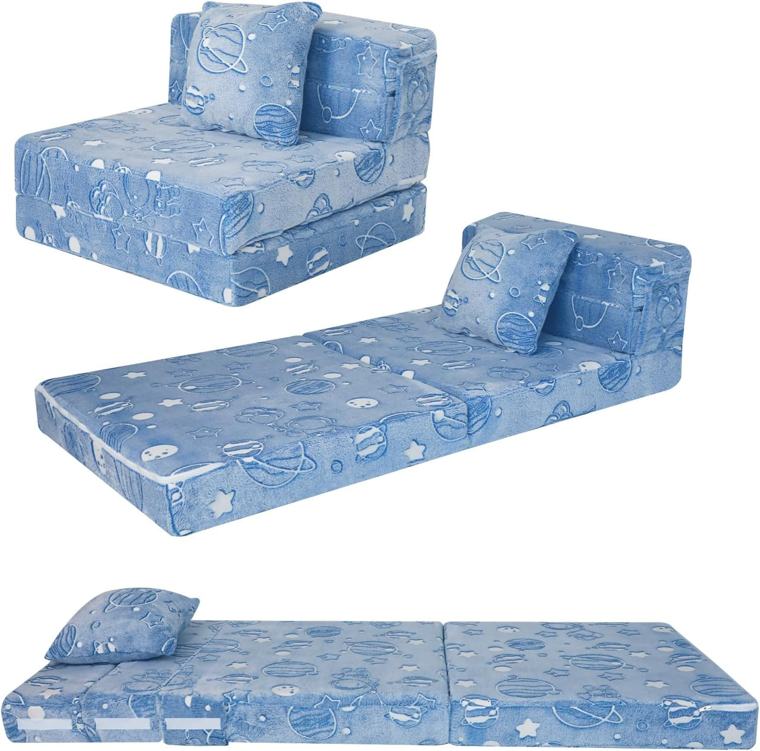 Glow Space-Themed Tri-Fold Sofa Bed for Kids, Foldable Futon Chair and Floor Cou