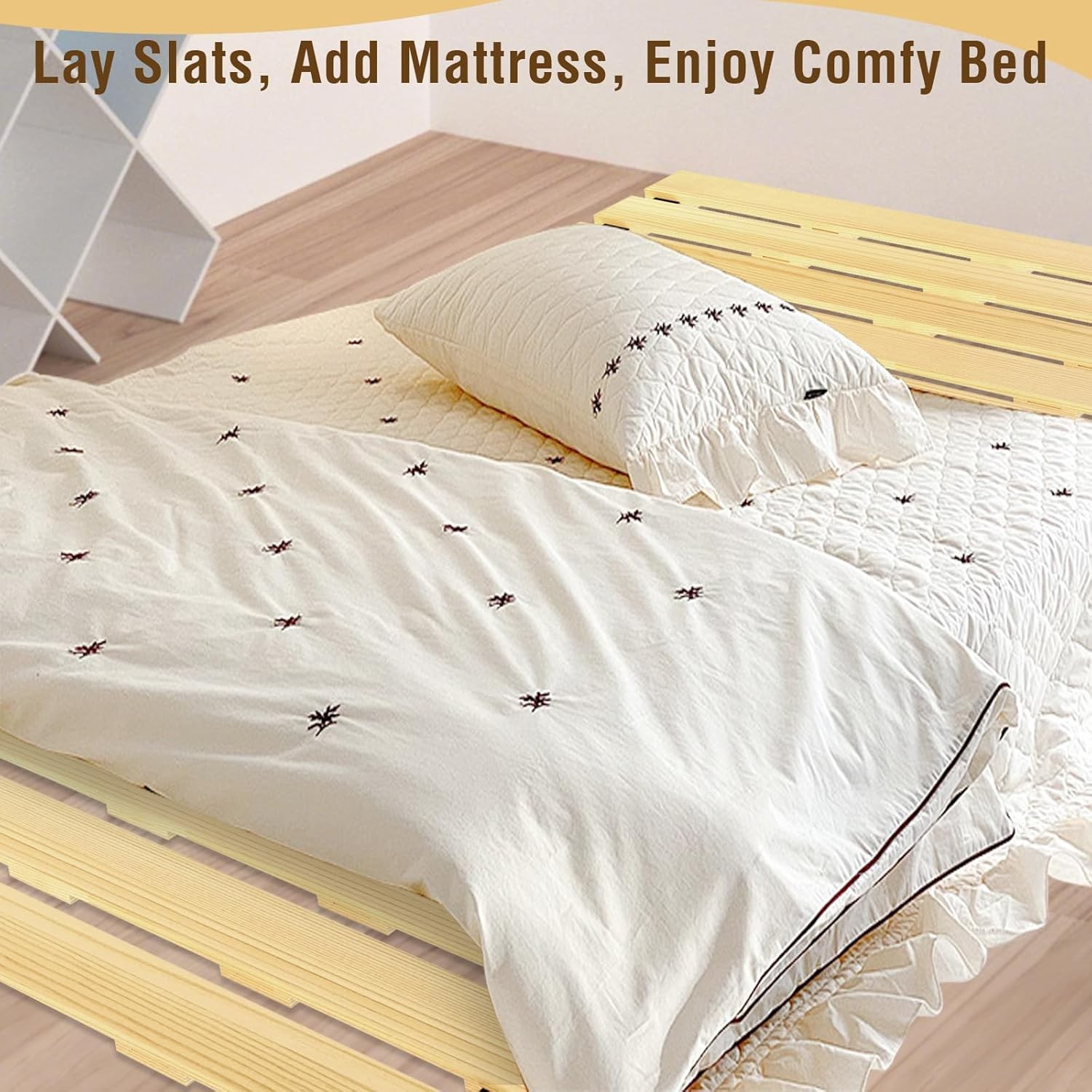 Japanese Tati Mat Floor Bed, Knotl Solid Wood, Roll-Up Slatted, Bed