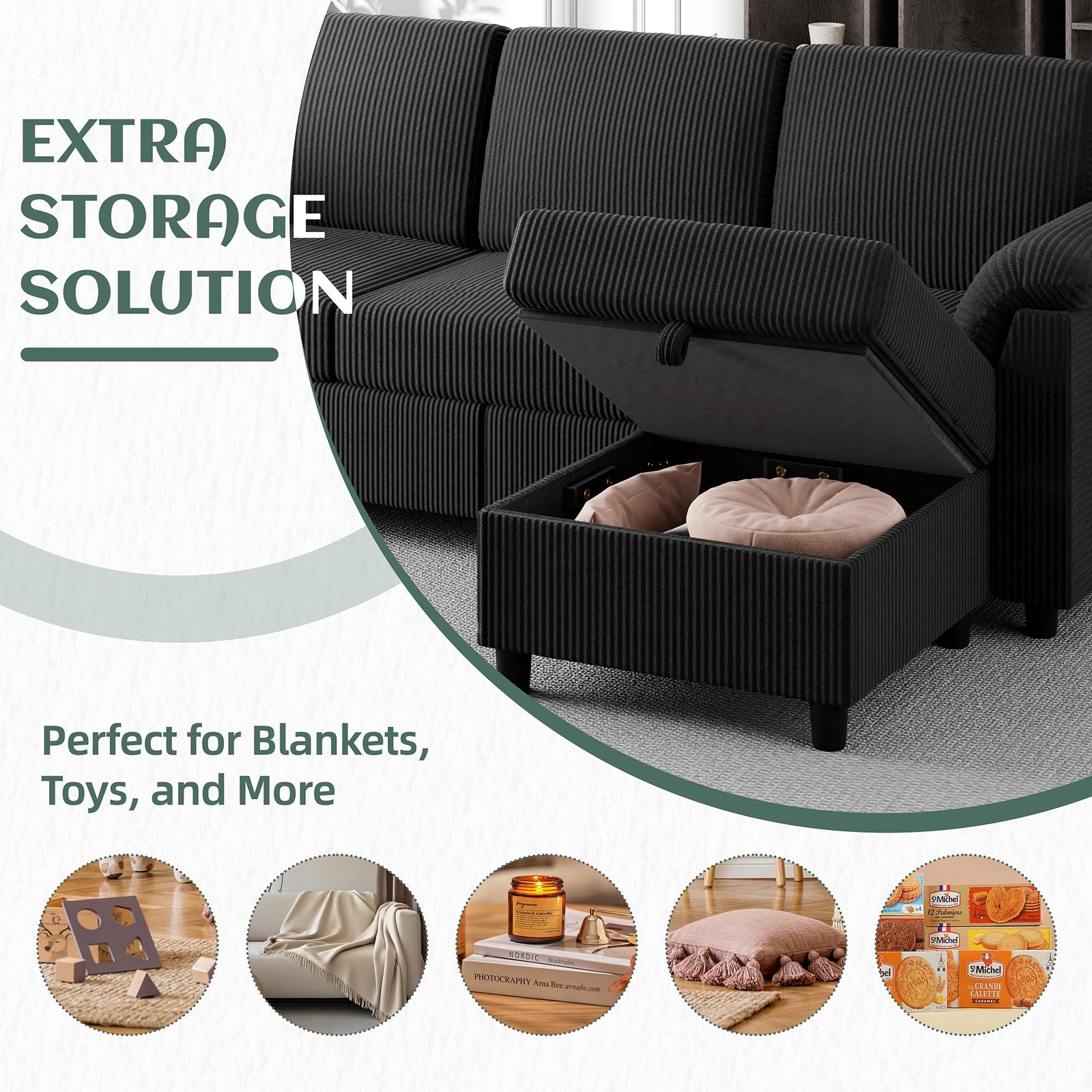 Vongrasig 79″ Convertible Sectional Couch Sofa with Storage Ottoman, 3 Black