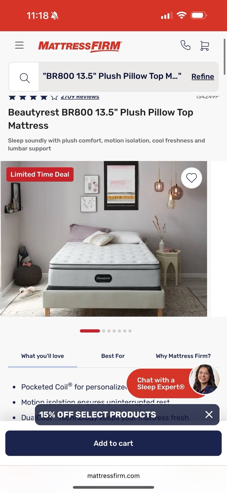 Beautyrest BR800 13.5″ Plush Pillow Top Mattress, White/Gray Solid