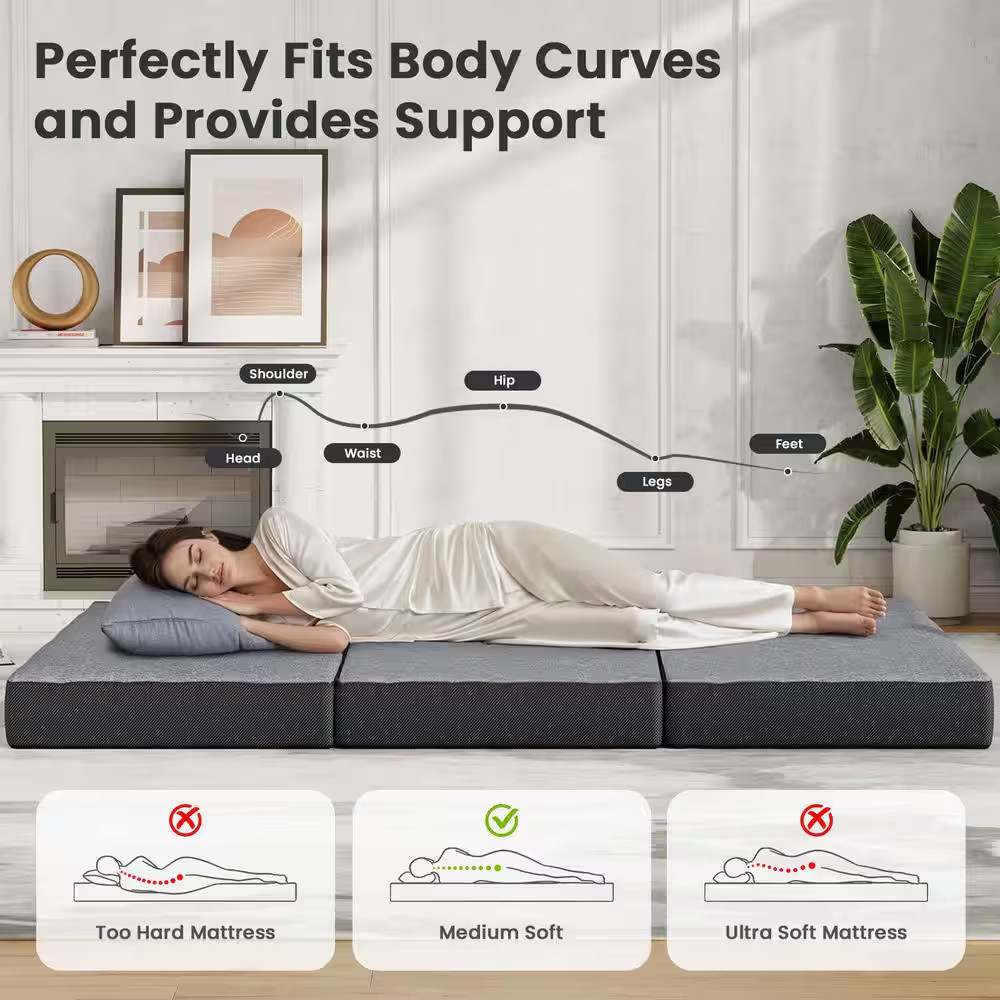 Bedroom Queen Size Medium Memory Foam Mattress, 6 In. Futon Floor Folding Mattre