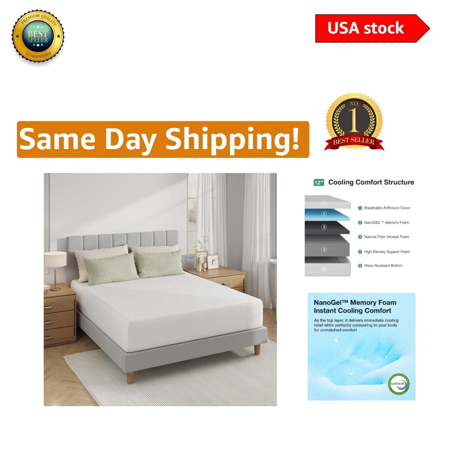 Medium Plush 12 Inch King Mattress in a Box – Gel Memory Foam for Cool Sleep