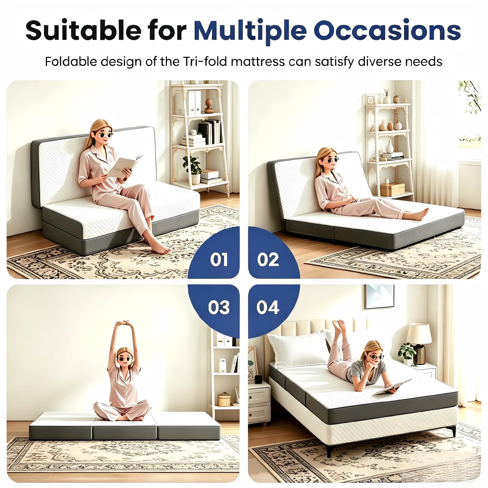 Folding Foam Mattress 4 Inches Twin Tri-Fold Mattresses with Collapsible and …