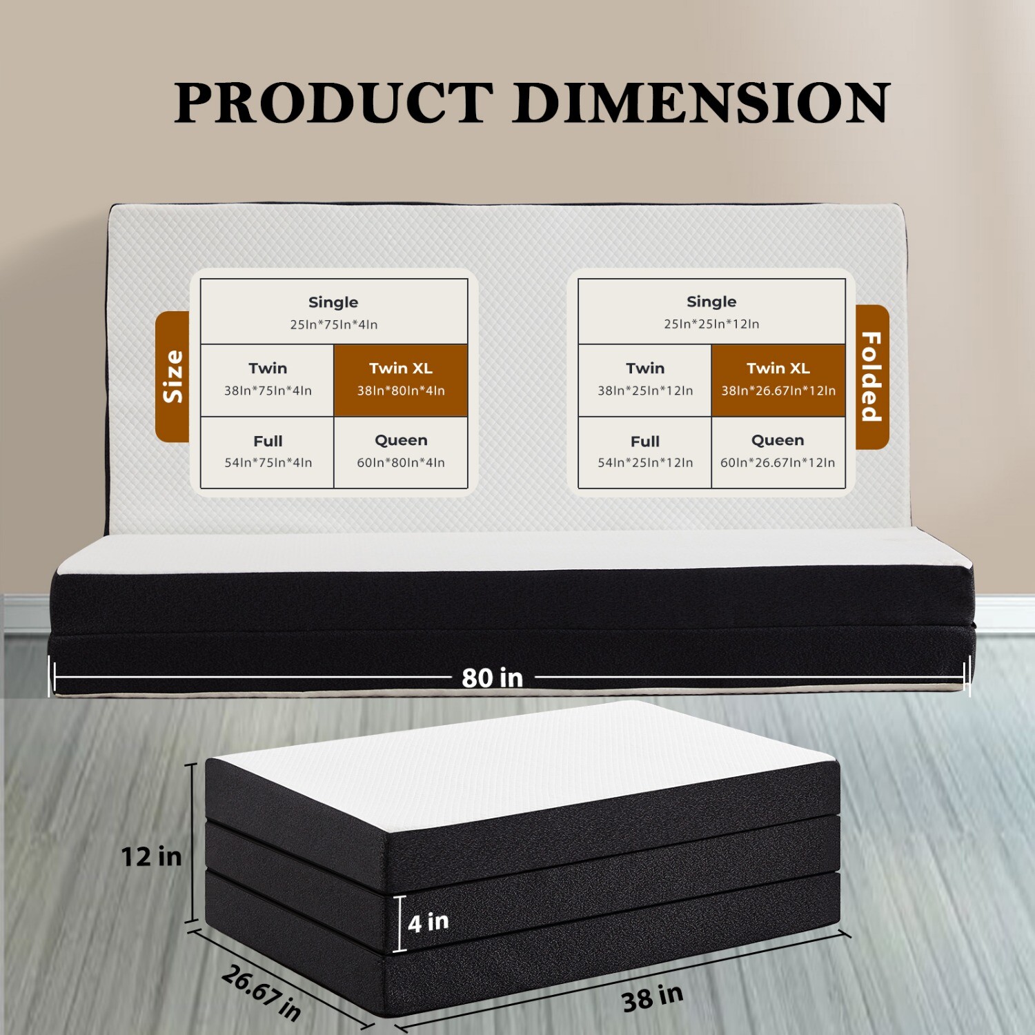 4″ Tri-fold Memory Foam Mattress w/ Washable Cover, Foldable&Portable Floor Bed