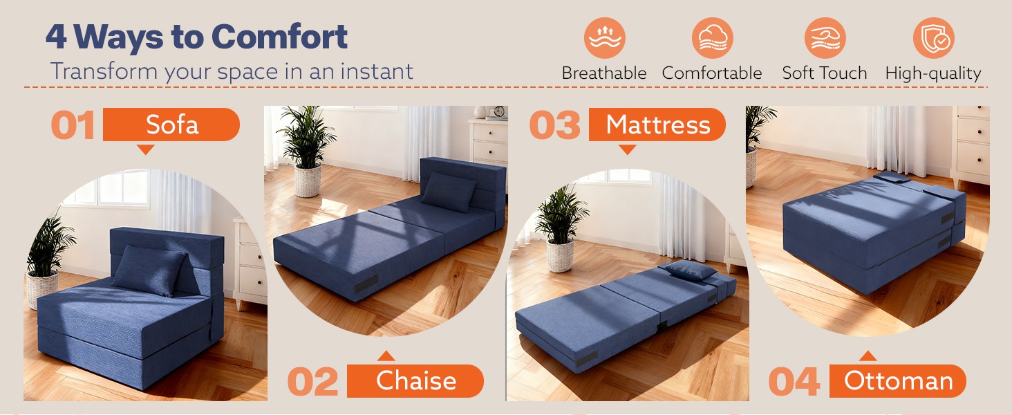Folding Sofa Bed, 4 in 1 Convertible Fold Out Single Chair Bed with