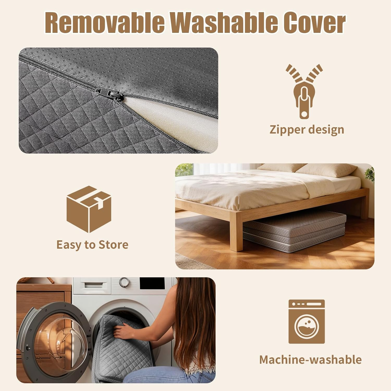 Portable Tri-Folding Mattress Topper, 3″ Queen Bed for Travel & Camping