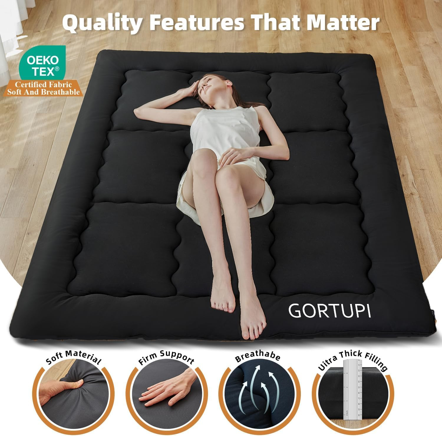 Japanese Floor Mattress,Futon Mattress 3″ Black Thicken 100% High Density Comfor