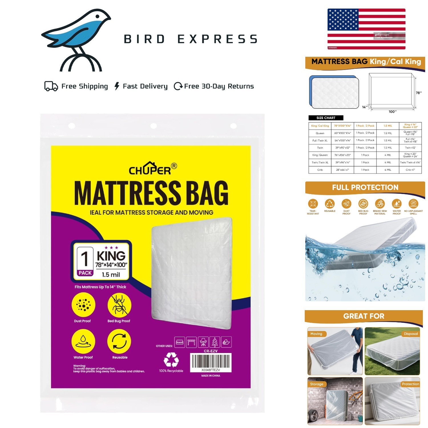 King/Cal King Waterproof Mattress Bag for Moving and Storage Protection 1.5 Mil