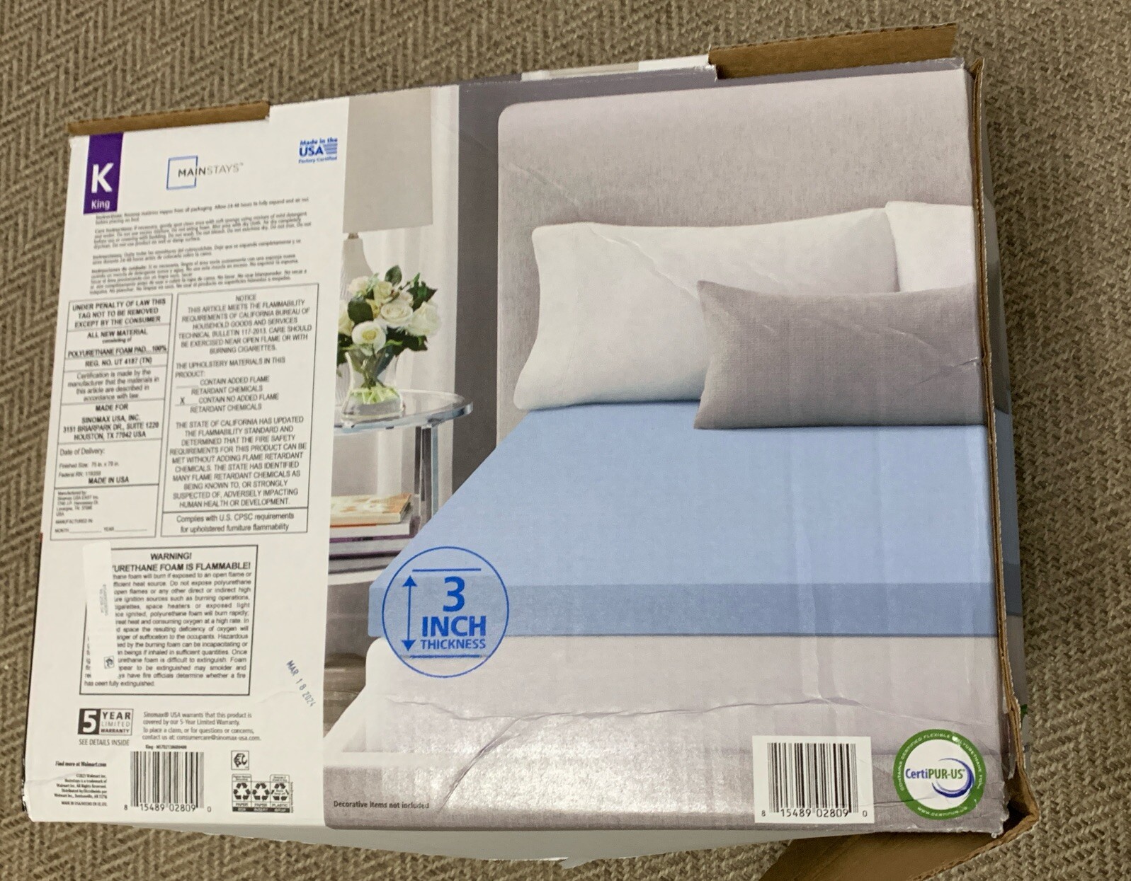 Mainstays 3″ Memory Foam Mattress Topper, King