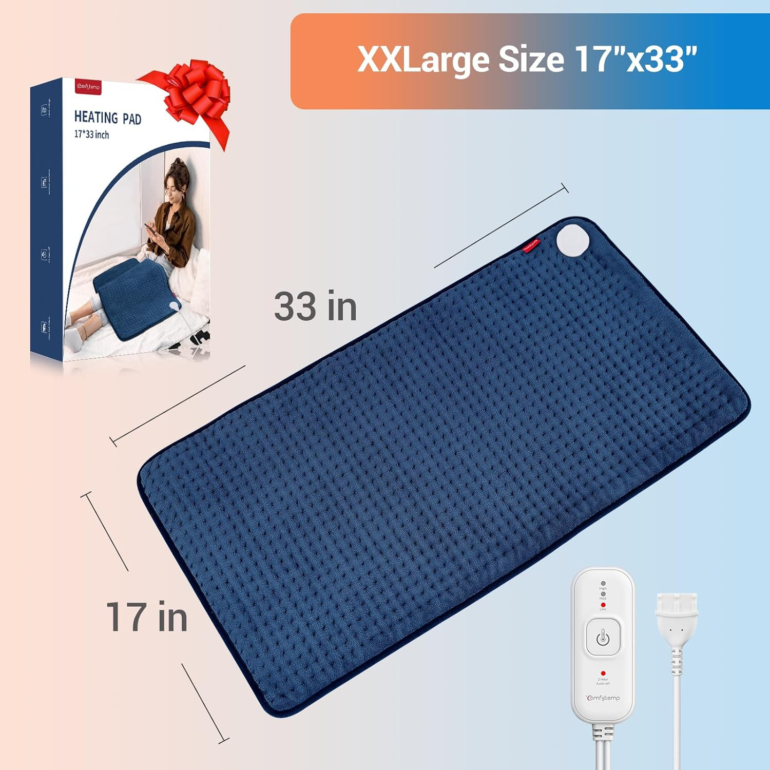 17”X33” XXXL King Size Heating Pad for Back Pain Relief Cramps With