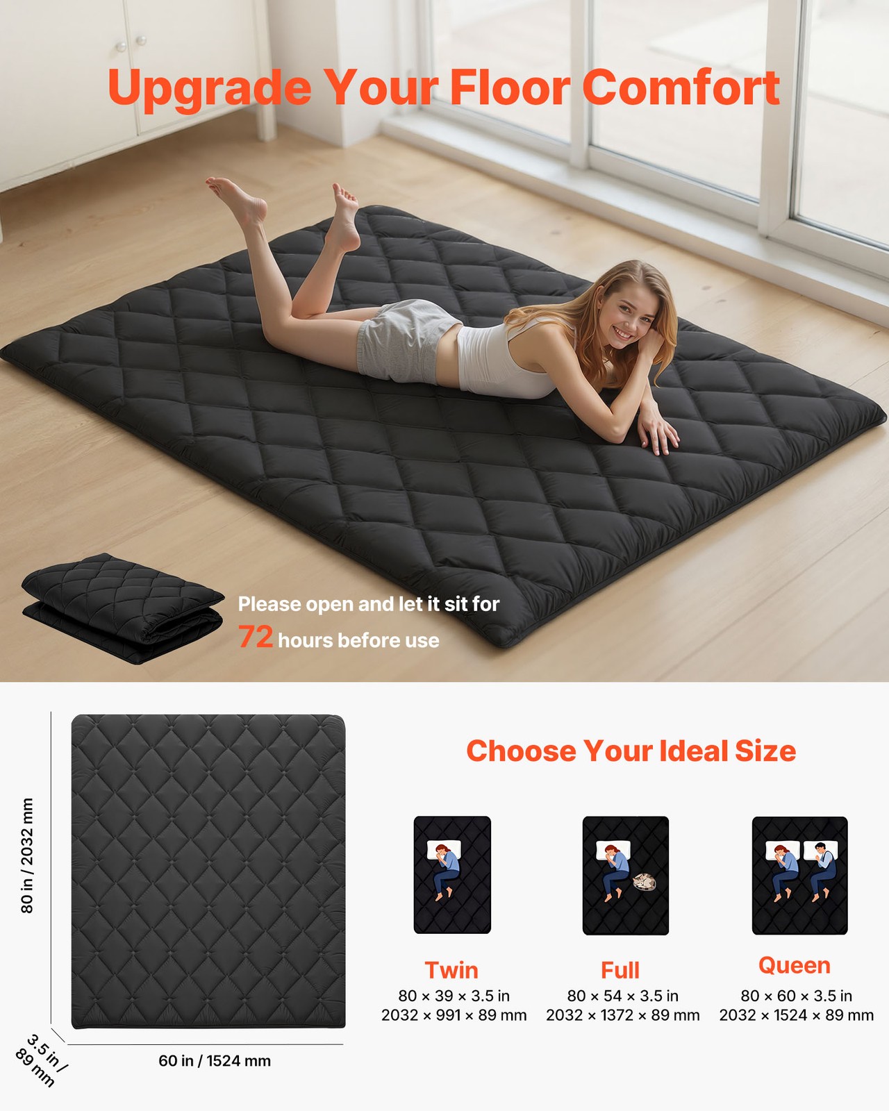 VEVOR Japanese Tatami Mat Queen Foldable Futon Mattress with Storage Bag Black