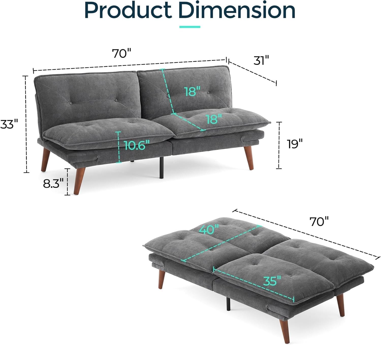 Futon Sofa Bed, 70″ Chenille Futon Couch with Adjustable