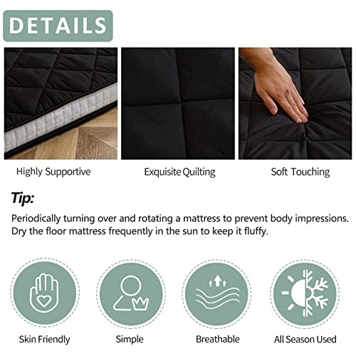 Japanese Floor Futon Mattress Size, Floor Bed for Adults, Roll Up King Black